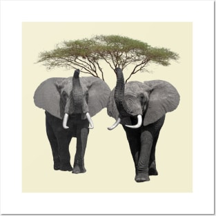 Elephants with a tree on safari in Kenya / Afrika Posters and Art